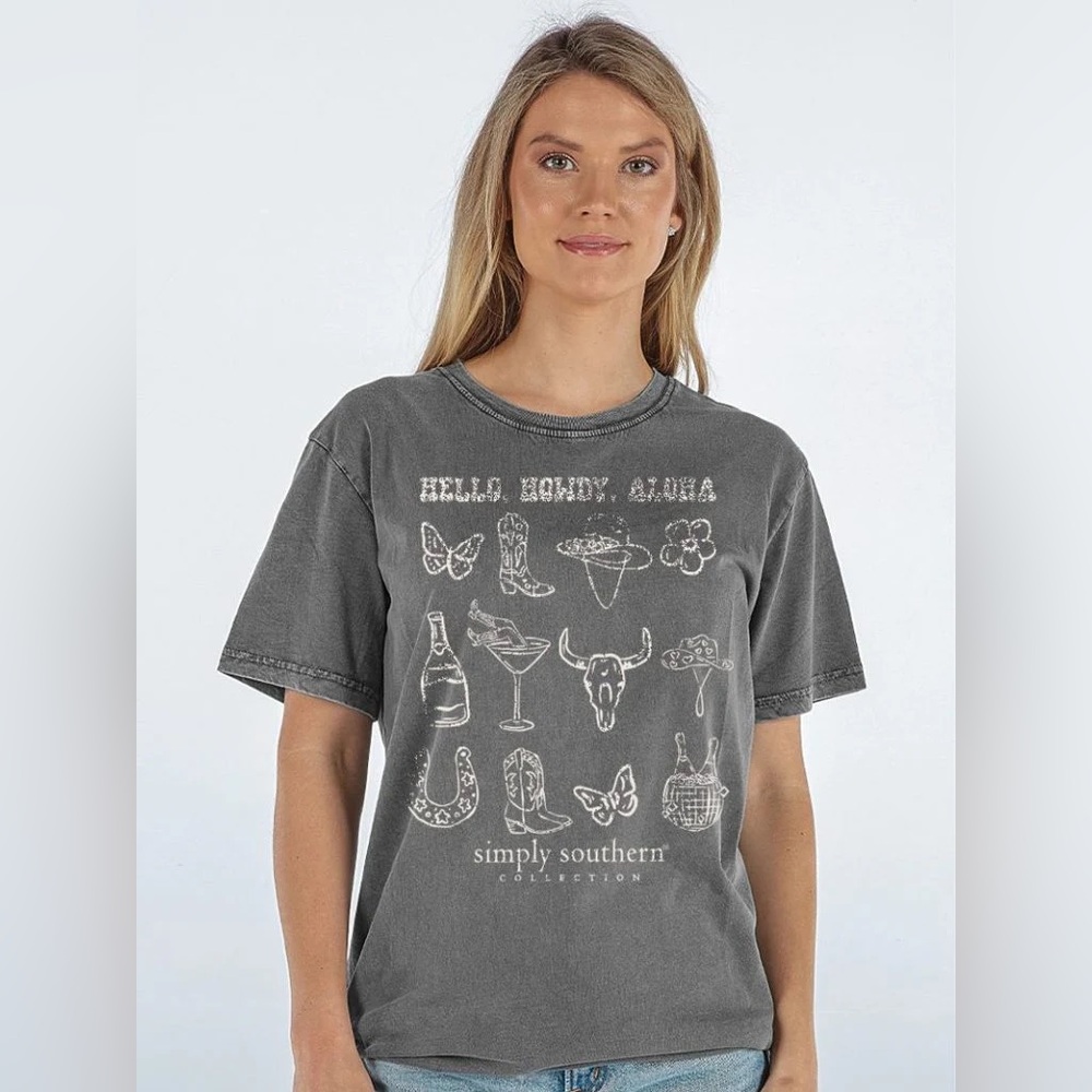 Simply southern NWT distressed cowgirl hello howdy aloha graphic gray worn style